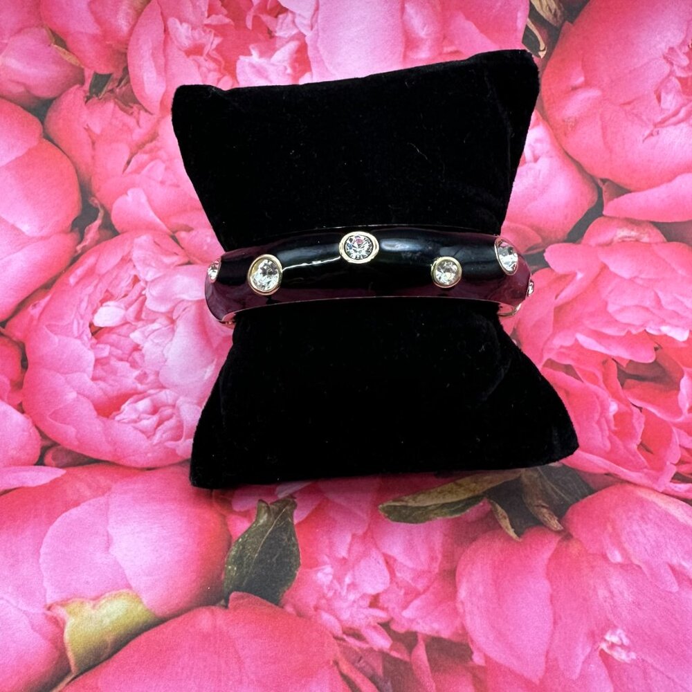 RARE VTG Christian Dior Black Enamel Rhinestone Hinged Bracelet - Picture 5 of 14